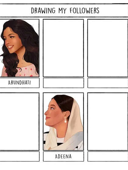 A template showing the progress of my 'Drawing My Followers' series. This is how I track the portraits I create for my supporters, like the ones for Arundhati and Adeena.