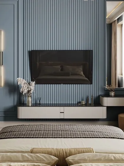 This 3D concept shows a bedroom with a blue fluted TV wall and an integrated dressing table. The cohesive design creates a stylish and multi-functional space.