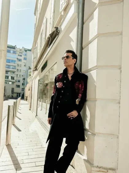 Another angle of Karan Johar's custom floral Indowestern jacket, showing how the design flows from day to night.