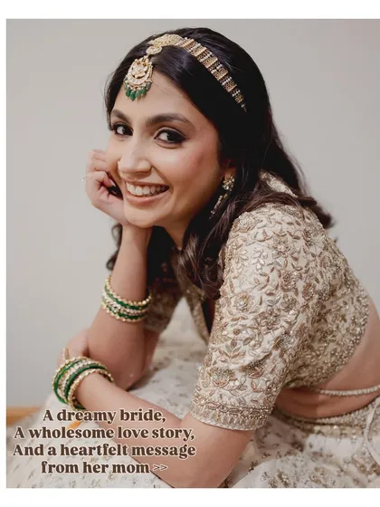 This image captures the heartfelt essence of this bride's look. Her soft, glowing makeup was customized to reflect her gentle and elegant personality.