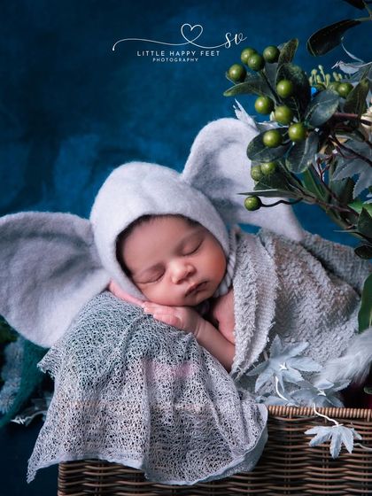 Our adorable baby elephant, sleeping peacefully in a basket. The large, soft ears of the bonnet are the highlight of this super cute and unique theme.