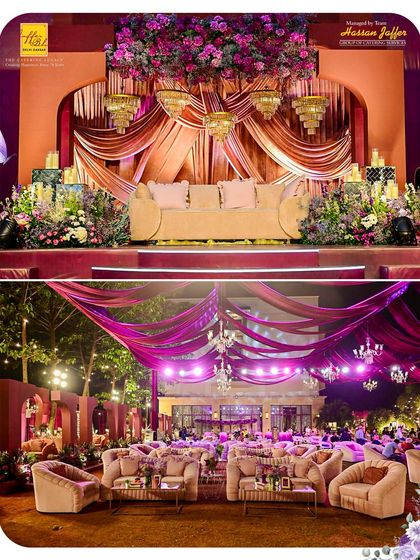 Grand stage decor and outdoor lounge seating from an event we catered. We work seamlessly with decorators to ensure our food service complements the overall event design.