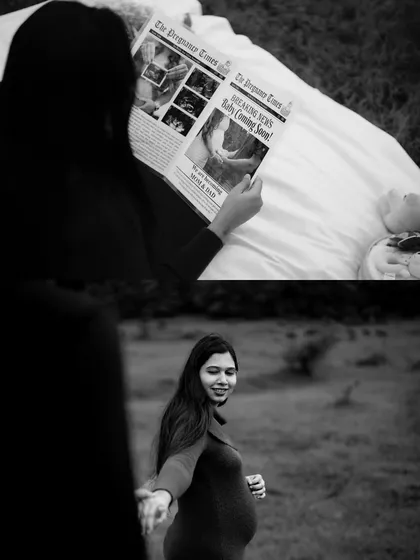 A black and white collage that combines a creative newspaper prop shot with a beautiful "follow me" portrait, telling a story in a classic, cinematic style.