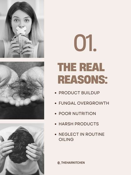An itchy scalp is often a sign of an underlying issue. This infographic lists the real reasons, including product buildup, fungal overgrowth, poor nutrition, harsh products, and neglecting a regular oiling routine.