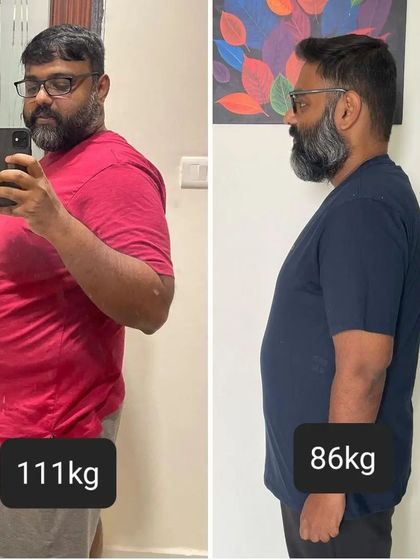 A side-profile view of Vimal's incredible weight loss journey. The visual change is undeniable.