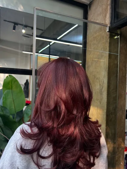 A rich, deep red colour on a layered haircut. This is a classic, sophisticated look that is always in style.