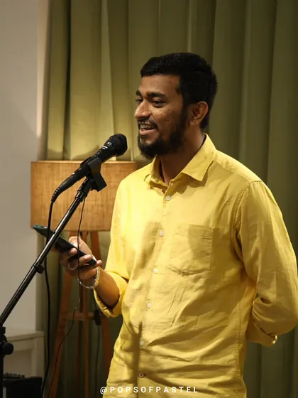 A poet shares his work at our intimate performance venue in Basavanagudi.