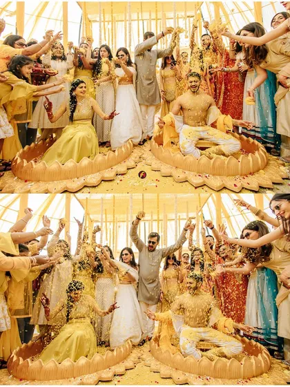 A vibrant Haldi ceremony at the Tijara Fort Palace. This wide shot captures the energy of the guests celebrating with Geet and Dheemant in a stunning heritage location.