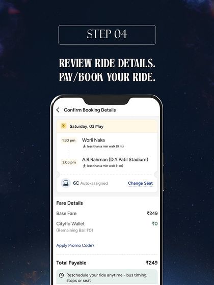 A step-by-step visual guide on how to use the Cityflo app to book your bus ride to our concert, from registration to booking confirmation.