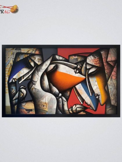 A framed version of Jagannath Paul's 'Entwined Hearts', where abstract faces connect, symbolizing the deep bonds of love and relationships.