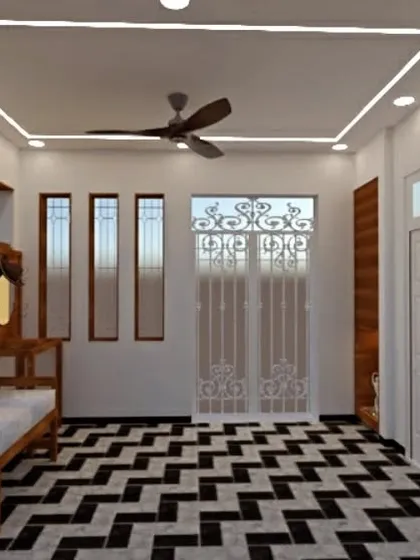 Another view of the traditional foyer concept, showing the elegant grillwork on the doors.