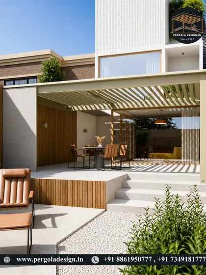 This design showcases how a pergola can connect different parts of a home's exterior. The structure extends from the house, providing a covered walkway and seating area that blends seamlessly with the garden and architecture.