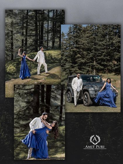 A collage that captures the adventurous and romantic spirit of a mountain shoot. It includes dancing, walking hand-in-hand, and posing with a jeep, showing the variety of a single session.