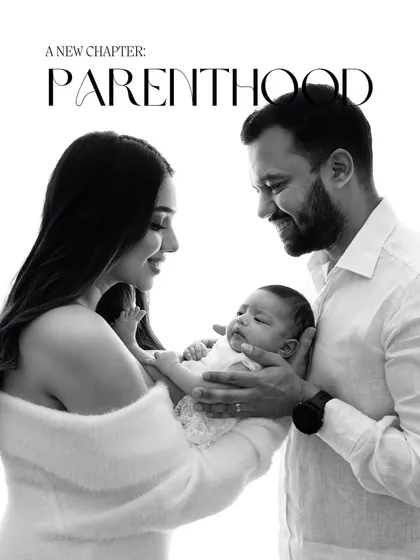 A new chapter: Parenthood. This classic black and white portrait of a new family is designed to look like a magazine cover, celebrating the beauty and importance of this milestone.
