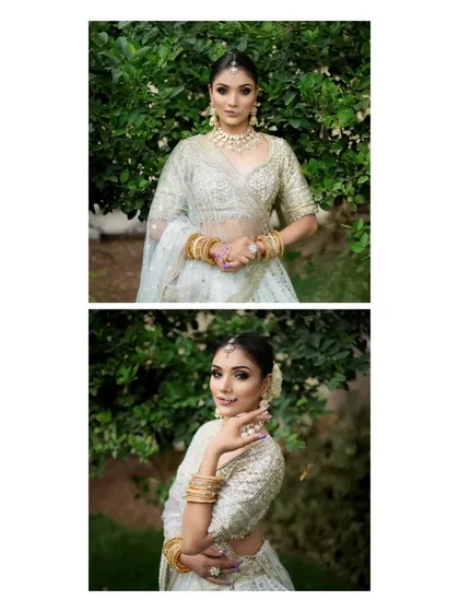 A collage of two bridal portraits against a green backdrop. The images showcase her elegant poses and the beautiful details of her attire, from her jewelry to her serene expression.