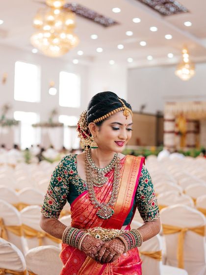 Rakshita looking serene and beautiful in the empty wedding hall before the guests arrive.