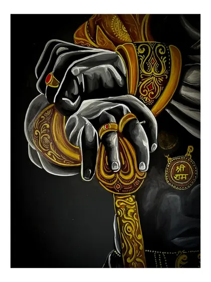 This close-up focuses on Hanuman's hands gripping his mace. The details on the rings, bracelets, and the engraved "Shri Ram" medallion show the level of intricacy I bring to my work, adding layers of meaning to the piece.