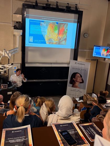 Attending a cadaver-based anatomy workshop in Paris. A deep understanding of facial soft tissue and anatomy is fundamental to performing advanced procedures like thread lifts and filler injections safely and effectively.