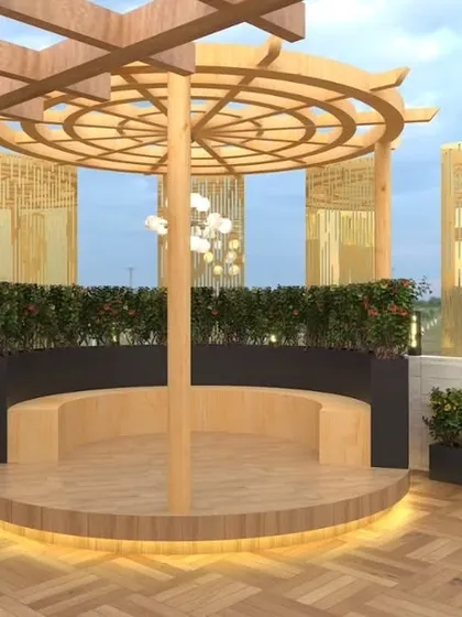 A unique circular pergola design proposed for a project in Palam Vihar, with built-in curved seating.