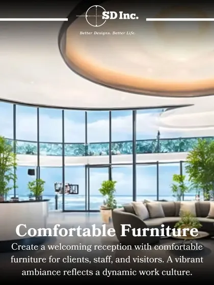 A spacious and welcoming reception area with comfortable, curved sofas and plenty of natural light. This design prioritizes visitor comfort, reflecting a dynamic and open work culture.