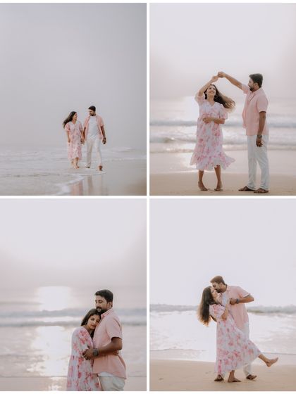 This four-panel story shows a couple's romantic dance on the beach, from a gentle walk to a joyful twirl in the evening light.