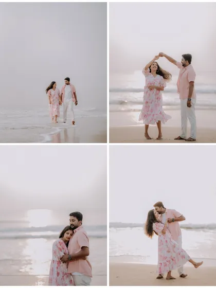 This four-panel story shows a couple's romantic dance on the beach, from a gentle walk to a joyful twirl in the evening light.