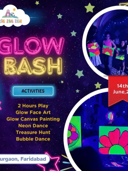 Get ready for our signature Glow Bash. This poster shows all the fun-tastic activities included, like glow canvas painting, neon dance, and a bubble party, all designed for a unique, glowing adventure.