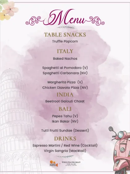Another look at our Eat Pray Love menu, this time from our screening at The Piano Man, Delhi. It shows slight variations like Spaghetti Carbonara, demonstrating how we refine our menus for each event.