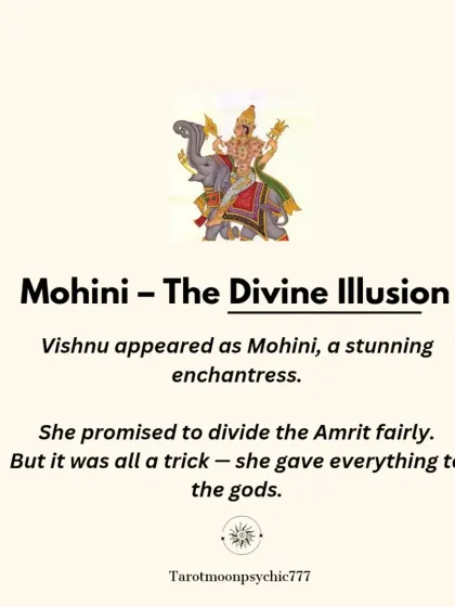 To resolve the conflict, Lord Vishnu appeared as Mohini, a stunning enchantress. She tricked the demons, promising to divide the Amrit fairly but giving it all to the gods.