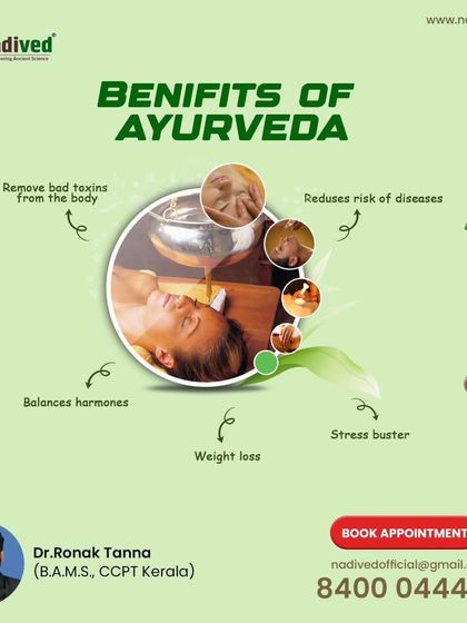 This graphic summarizes the many benefits of Ayurveda. It's not just about curing one problem; it's about creating holistic wellness. My treatments aim to detoxify the body, balance hormones, reduce stress, and ultimately give you side benefits, not side effects.