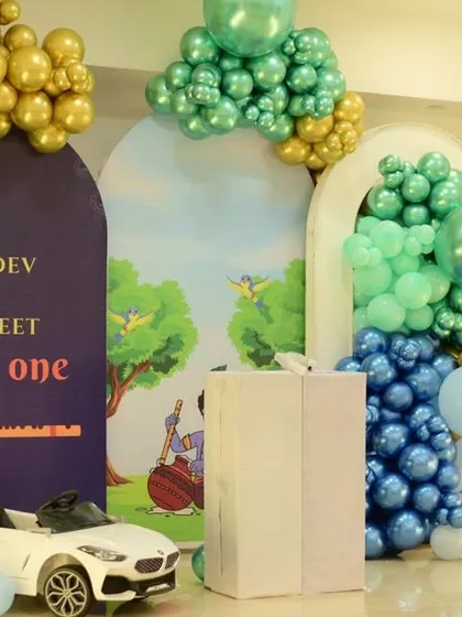 A full view of the stage, ready for the twin birthday boys' celebration.