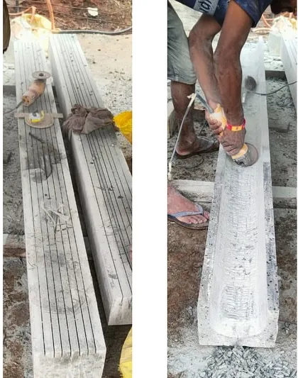 The overflow gutter for the Dua Villa's infinity pool is meticulously carved from solid blocks of Baroda Green marble. This continuous, hollowed form exudes a sense of timelessness and enduring craftsmanship.