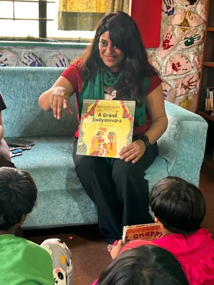 Our founder, Seena Jacob, reads "A Grand Swayamvara" at The Jungle Book Library in Pune. Her visits are a special treat, turning a simple read-aloud into a heartfelt exchange of laughter, curiosity, and imagination.