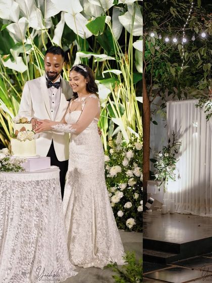 A collage combining the cake-cutting moment with a detail of the elegant stage decor, showing how every element of the reception is thoughtfully designed.