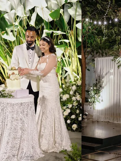A collage combining the cake-cutting moment with a detail of the elegant stage decor, showing how every element of the reception is thoughtfully designed.