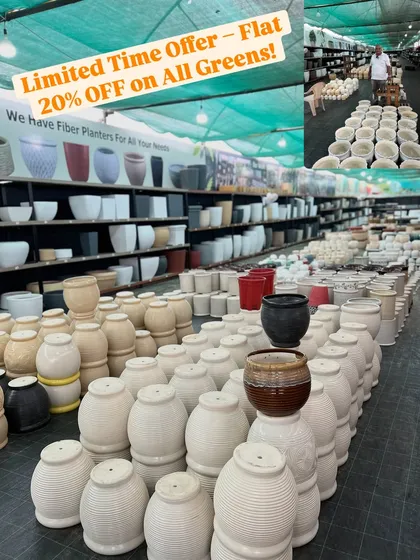 Our showroom displays a massive collection of planters. We have fiber planters, ceramic pots, and more for all your needs, and we are currently offering a flat 20% off on all greens.