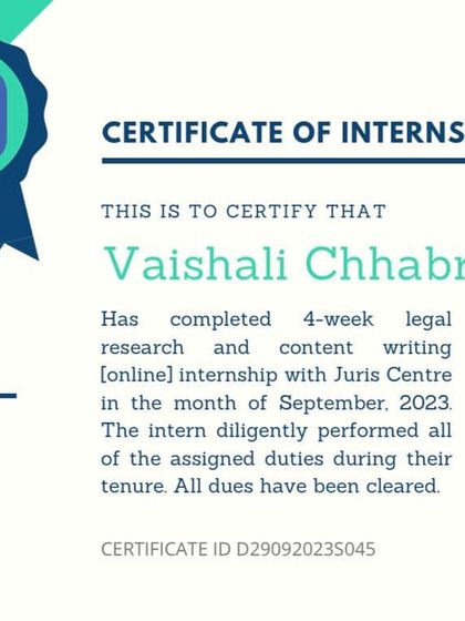 I completed a 4-week online internship in legal research and content writing with Juris Centre. This experience was invaluable for honing my skills in two areas that I am passionate about: understanding the law and making it accessible to others.