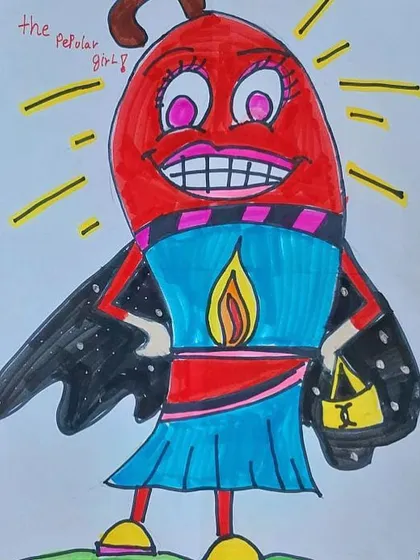 This drawing of a "popular girl" chili pepper is a fantastic example of character design, combining an everyday object with human features and accessories to give it personality.
