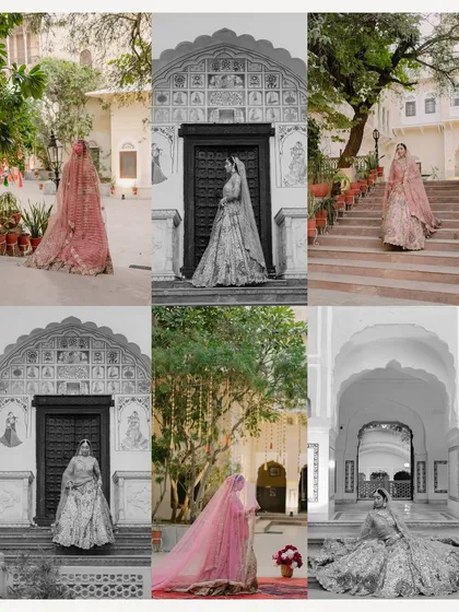 This collage presents a series of stunning bridal portraits taken around the palace grounds, showcasing the bride's lehenga from different angles and in various artistic styles.