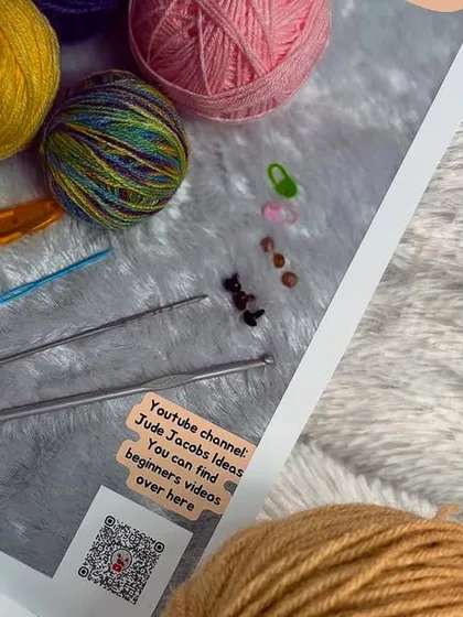 This photo shows a close-up of the kit's packaging insert, which lists all the included contents. You can also see the QR code that links directly to my 'Jude Jacobs Ideas' YouTube channel for detailed beginner videos.