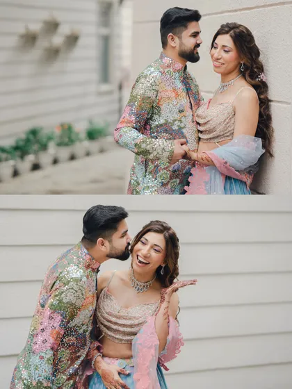 A collage of two candid moments from the Mehendi, showing a sweet kiss and the bride's joyful reaction. It perfectly captures their fun and loving relationship.