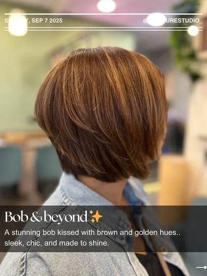 A chic bob is always a vibe. For this look, I created a sleek, angled bob haircut and enhanced it with a mix of brown and golden hues to add depth and shine. It's a timeless style that's easy to manage.