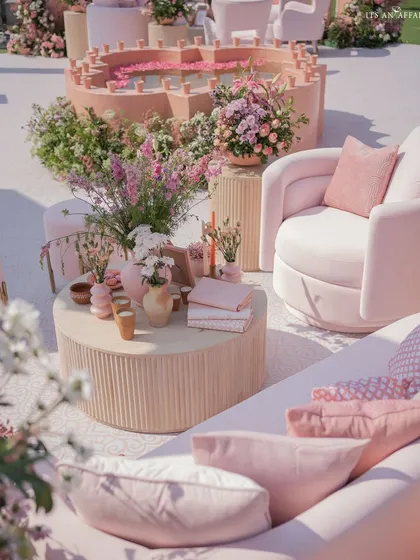 A high-angle shot of a lounge area, showing the plush pink furniture, styled coffee table, and a small water feature with floating petals.