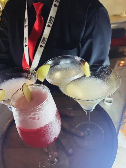 A tray of our colorful and delicious cocktails, ready to be served at a Diwali party. We focus on presentation as much as taste.