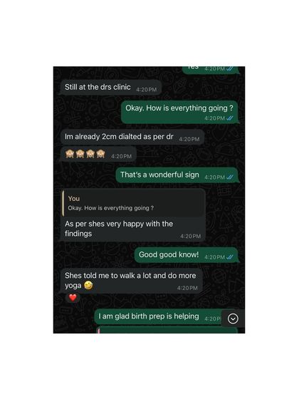 Another update from the clinic. She was already 2cm dilated, and the doctor was happy with her progress. Birth prep was clearly helping.