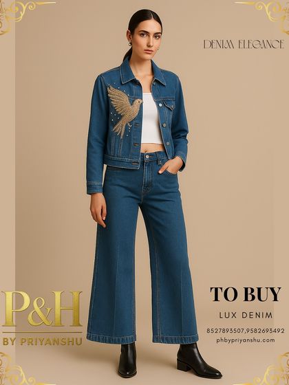 A classic blue denim jacket and wide-leg jeans, elevated by a stunning hand-embroidered golden bird in flight. This piece merges timeless style with a touch of poetic artistry.