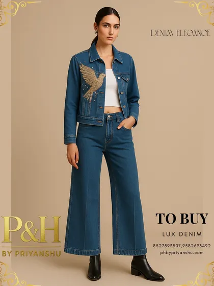 A classic blue denim jacket and wide-leg jeans, elevated by a stunning hand-embroidered golden bird in flight. This piece merges timeless style with a touch of poetic artistry.