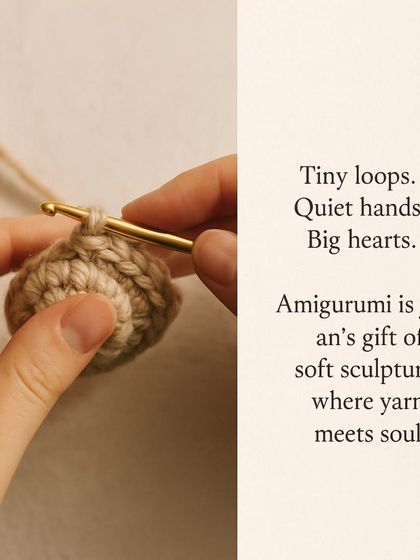 Tiny loops, quiet hands, big hearts. This image shows the simple, meditative process of creating an Amigurumi figure, stitch by stitch.