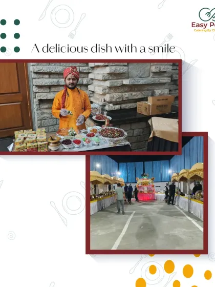 A delicious dish served with a smile. This collage shows our staff at a traditional paan counter and a wide view of a festive food stall setup, ready to welcome guests.