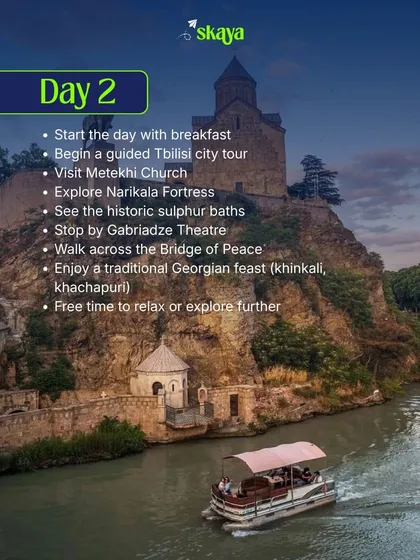 Day 2 in Georgia is all about exploring Tbilisi. We take you on a guided city tour, from the historic Narikala Fortress to the sulphur baths, ending with a traditional Georgian feast of khinkali and khachapuri.